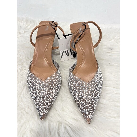 Zara Women's Pearl  Pointed Toe Slingback Heels CL8 Beige Size US 9 - Picture 8 of 12